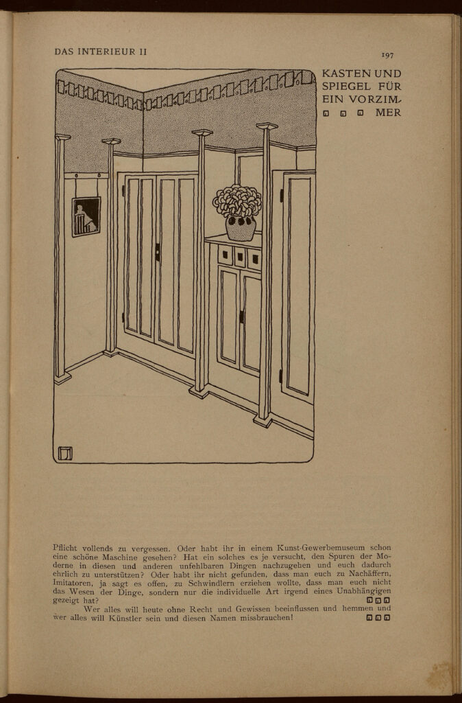 1901 DAS INTERIEUR II Hauptteil Seite 197 Josef Hoffmann Kasten und Spiegel für ein Vorzimmer