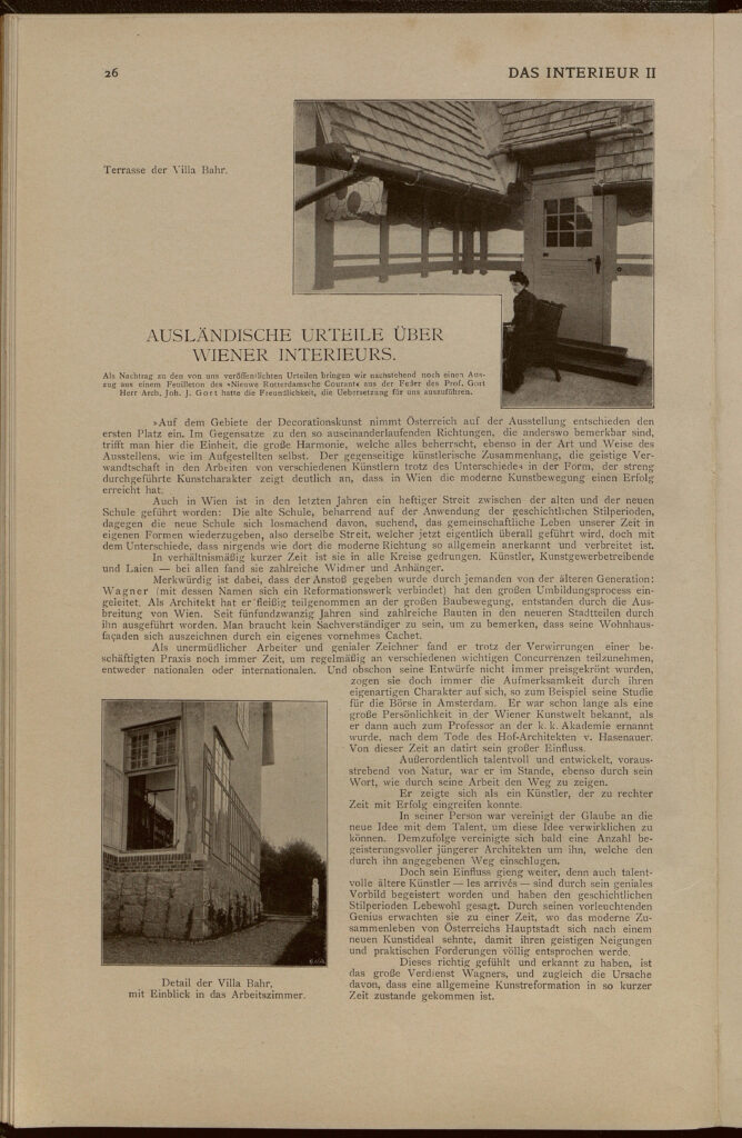 1901 DAS INTERIEUR II Hauptteil Seite 26 Joseph Maria Olbrich, Terasse der Villa Bahr, Detail der Villa Bahr, mit Einblick in das Arbeitszimmer