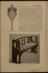 1900 DAS INTERIEUR I Hauptteil Seite 50 Franz Zelezny, Handspiegel " Schneewittchen". Prof. Josef Hoffmann, Sitzbank für ein Vorzimmer