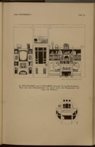 1900 DAS INTERIEUR I Bildteil Tafel 35 Otto Prutscher. & J. Vollmer, Entwurf für ein Herrenzimmer. Thür und drei Atelierschränke, von denen einer mit Hängespiegeln und einer mit Sitzbank.
