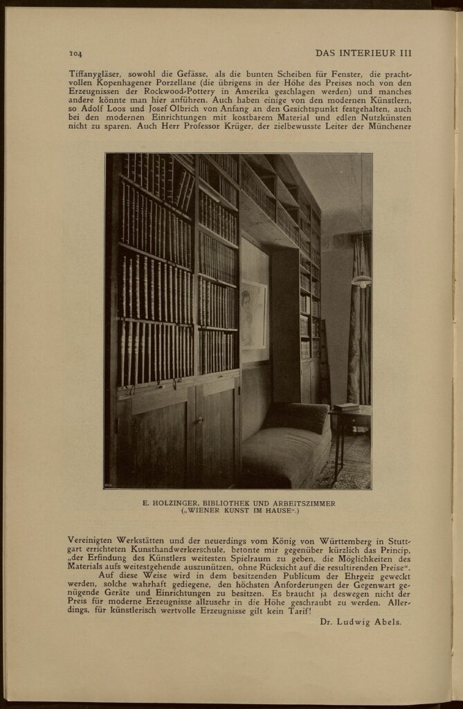 1902 DAS INTERIEUR III Hauptteil Seite 104 E. Holzinger, Bibliothek und Arbeitszimmer ( " Wiener Kunst im Hause".)