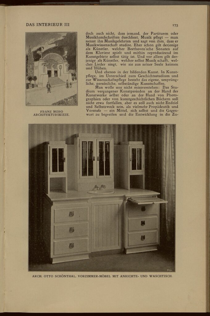 1902 DAS INTERIEUR III Hauptteil Seite 173 Franz Moro Architekturskizze. Arch. Otto Schönthal, vorzimmer- Möbel mit mit Anrichte- und Waschtisch.