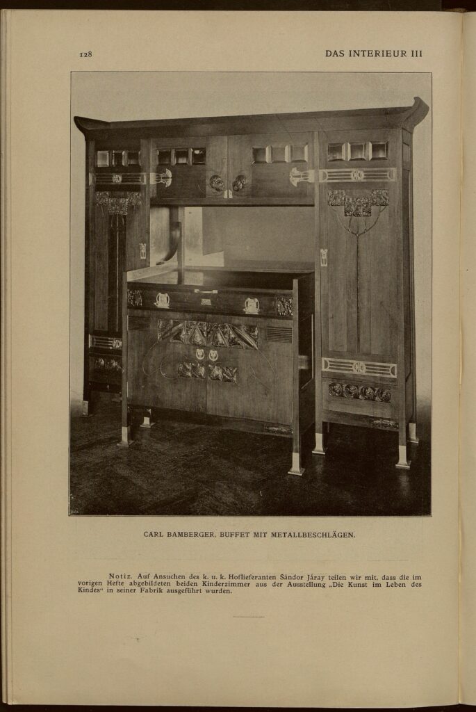 1902 DAS INTERIEUR III Hauptteil Seite 128 Carl Bamberger, Buffet mit Metallbeschlägen.