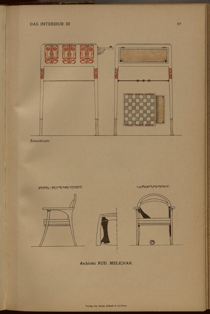 1902 DAS INTERIEUR III Bildteil Tafel 57 Schachtisch.Sessel seitenansicht. Vorder Ansicht.Architekt Rud. Melichar. Verlag von Anton Schroll & Co. Wien.