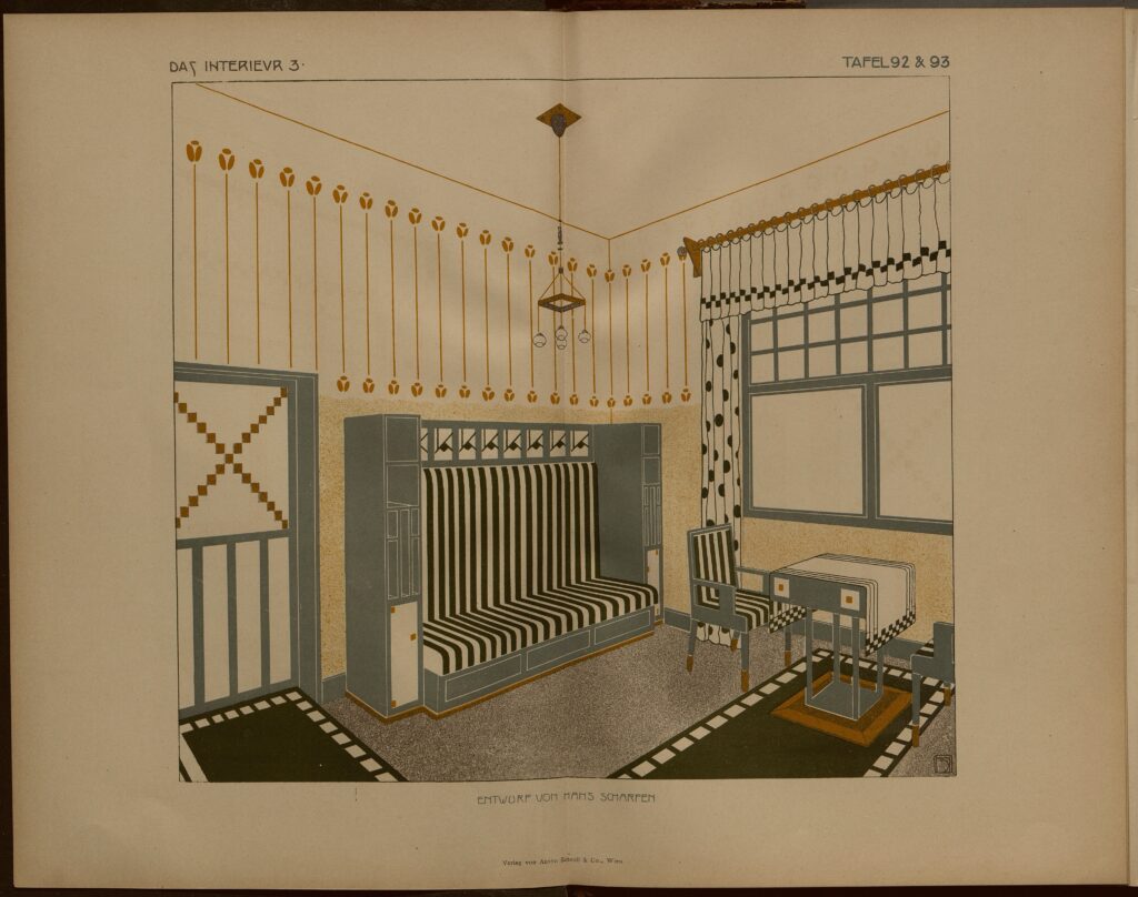 1902 DAS INTERIEUR III Bildteil Tafel 92 - 93 Entwurf von Hans Scharfen. Verlag von Anton Schroll & Co. Wien.