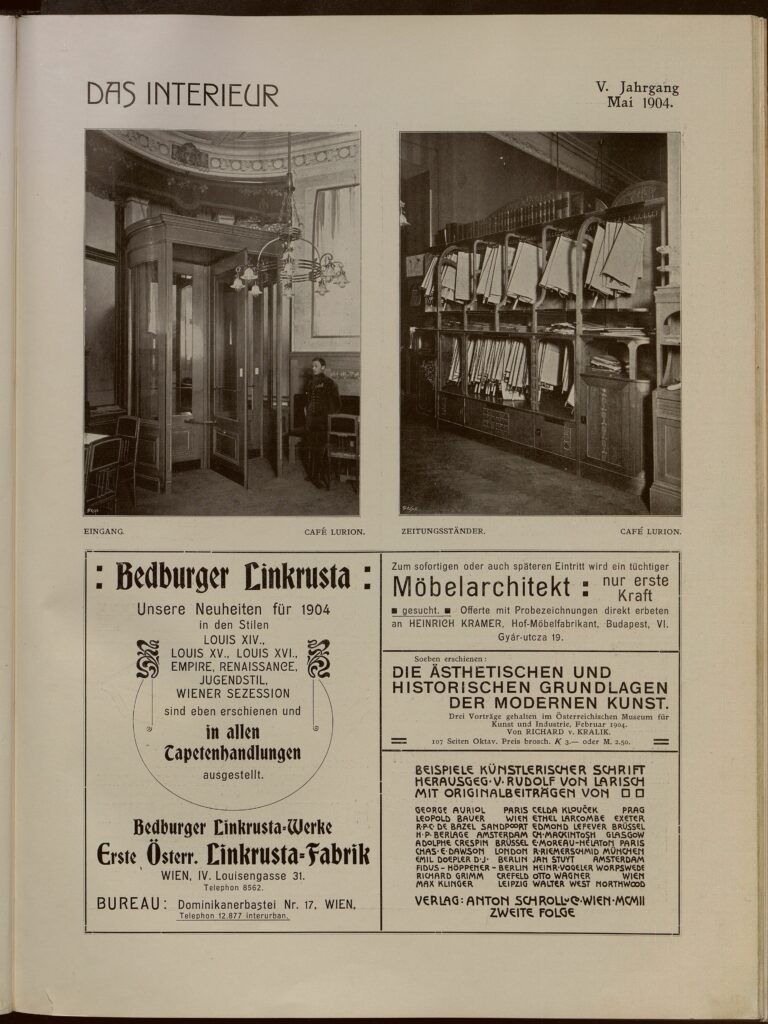 1904 DAS INTERIEUR V Anzeigenteil Seite 17 EINGANG. CAFE LURION. ZEITUNGSSTÄNDER. CAFE' LURION.