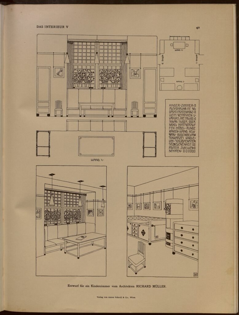 1904 DAS INTERIEUR V Bildteil Tafel 40 Entwurf für ein Kinderzimmer vom Architekten RICHARD MÜLLER.Verlag von Anton Schroll& Co., Wien.