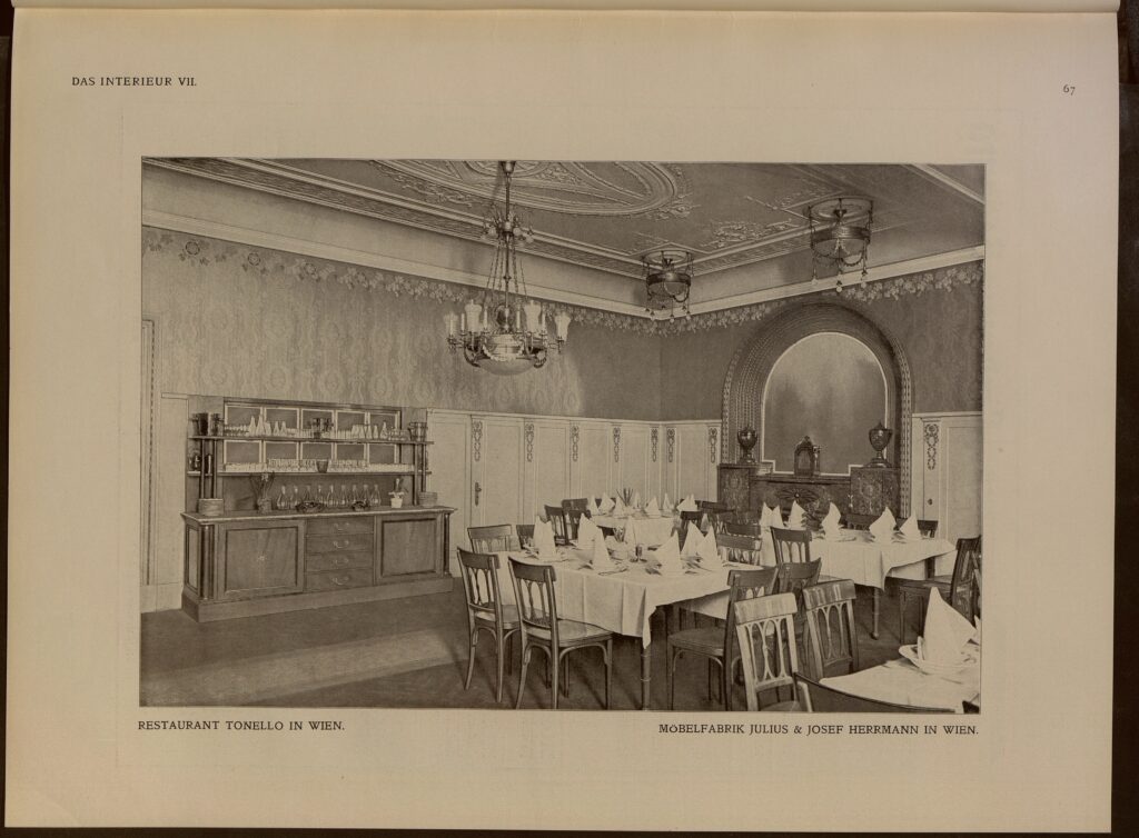 1906 DAS INTERIEUR VII Bildteil Tafel 67 Restaurant Tonello in Wien. Möbelfabrik Julius & Josef Herrmann in Wien.